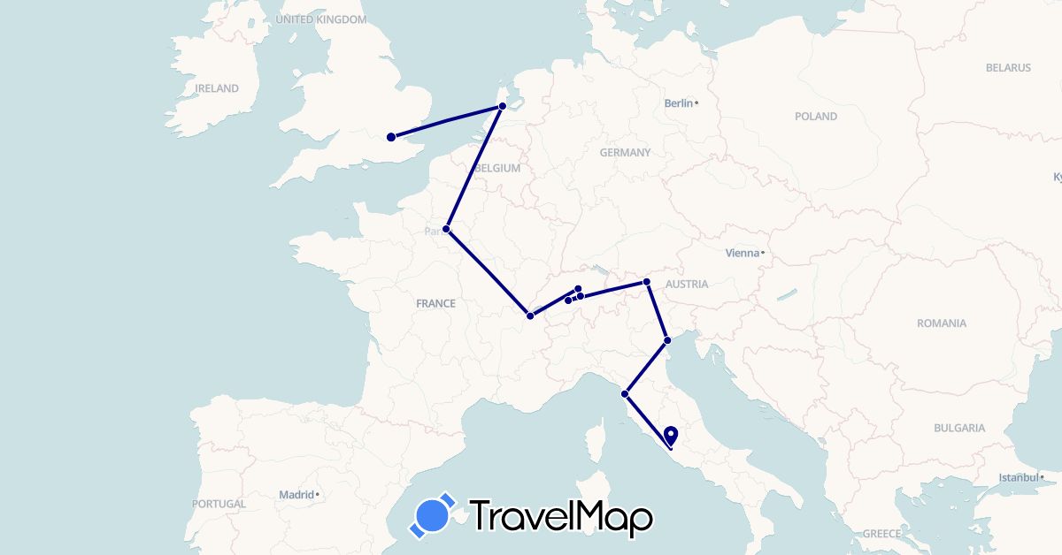 TravelMap itinerary: driving in Austria, Switzerland, France, United Kingdom, Italy, Netherlands (Europe)